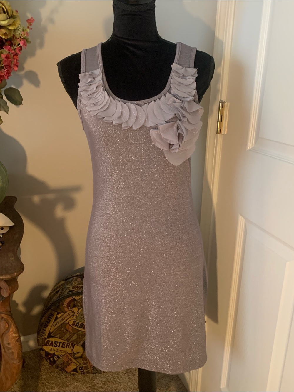 NWT Sleeveless Silverish-Taupe Ruffle Accent Body Con Dress